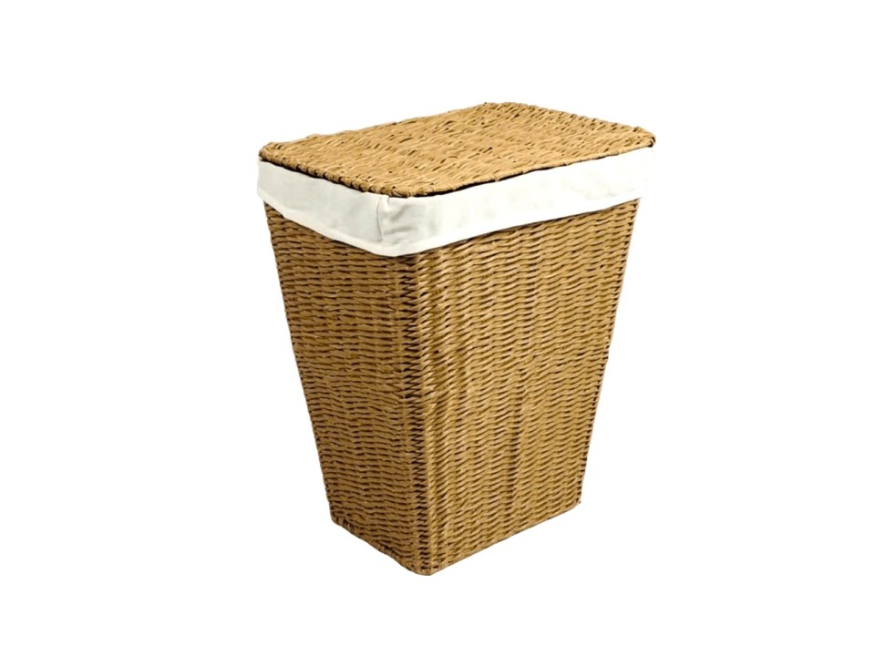 Artisanal Tapered PE Water Hyacinth Laundry Hamper with Hinged Lid and Fabric Liner